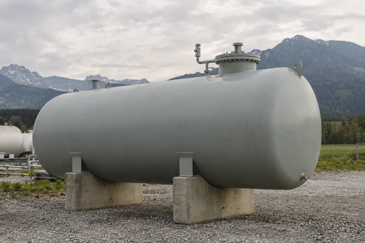 Großer liegender doppelwandiger Stahltank auf Betonsockeln im Freien
