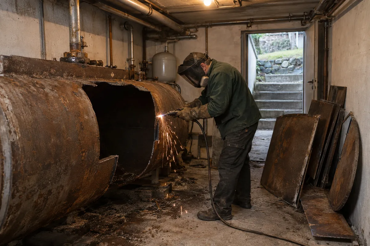 Techniker zerlegt einen alten Stahltank im Keller mit dem Plasmaschneider