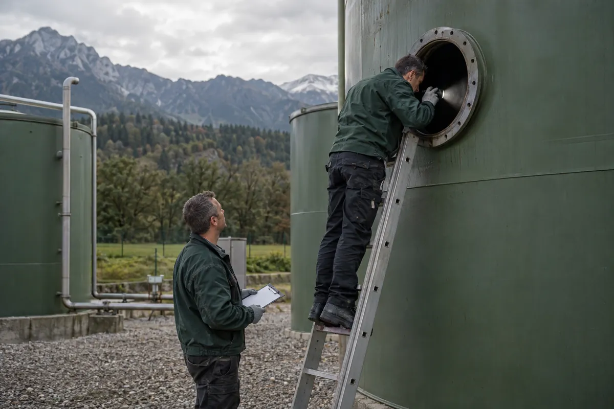 Techniker leuchtet bei der Prüfung durch das Mannloch in einen großen Stahltank