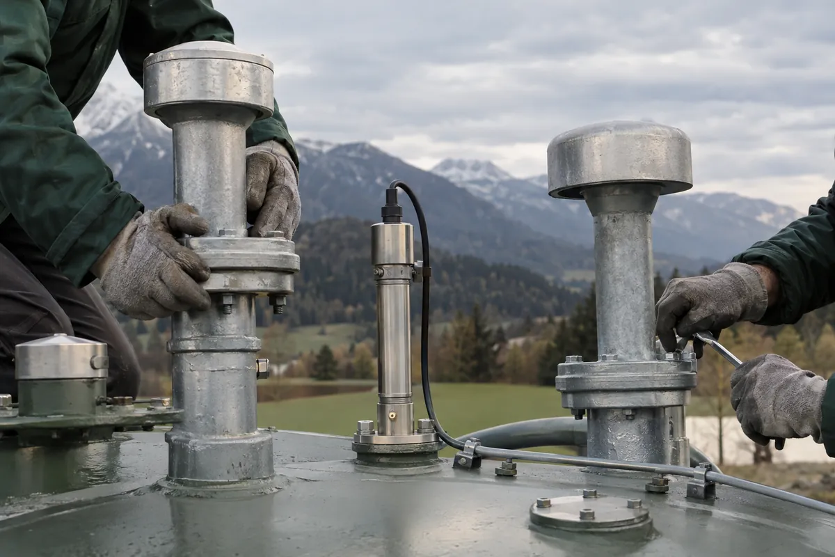 Montage neuer doppelwandiger Leitungen und einer Leckwarnsonde auf dem Dom eines Stahltanks