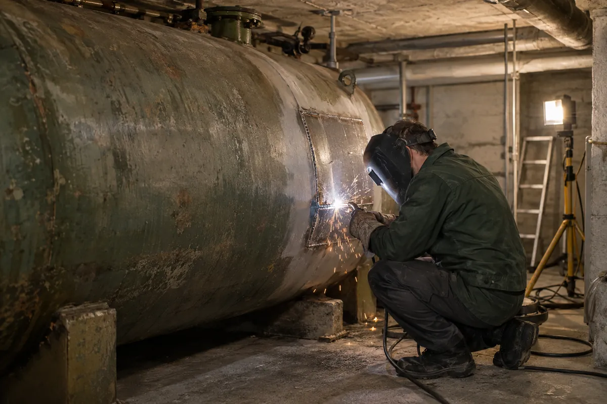Schweißer verstärkt einen bestehenden Stahltank im Keller mit einer neuen Platte