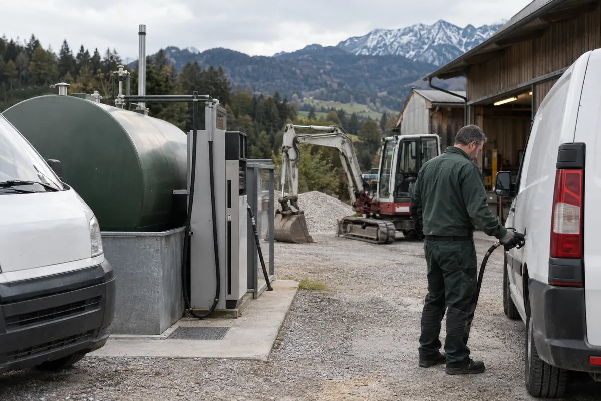 Betriebstankstelle mit Stahltank auf dem Hof eines Bauunternehmens, ein Transporter wird betankt