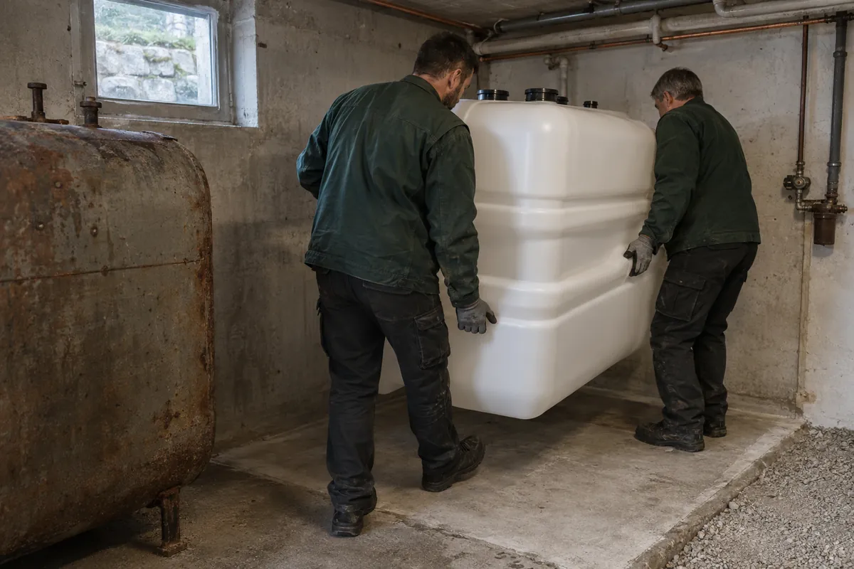 Zwei Techniker tragen einen neuen Kunststofftank in einen Hauskeller