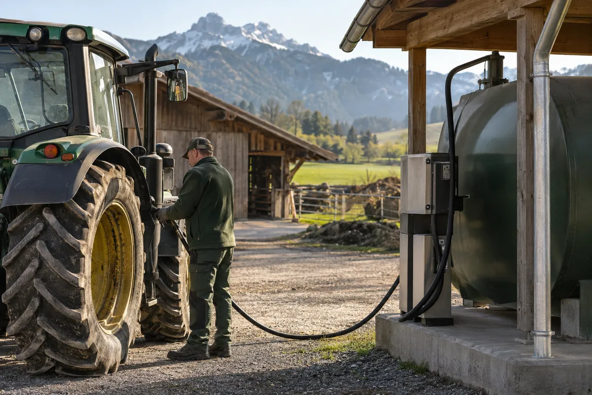Landwirt betankt einen Traktor an der eigenen Hoftankstelle mit doppelwandigem Dieseltank