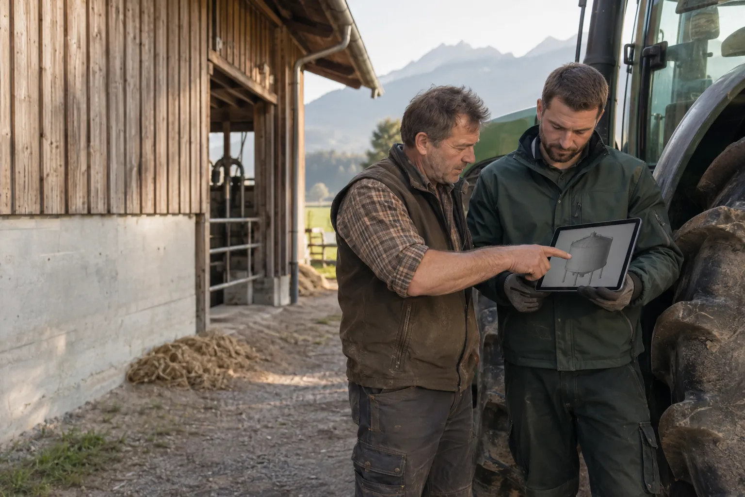 Techniker bespricht mit einem Landwirt am Tablet die Planung einer Hoftankstelle